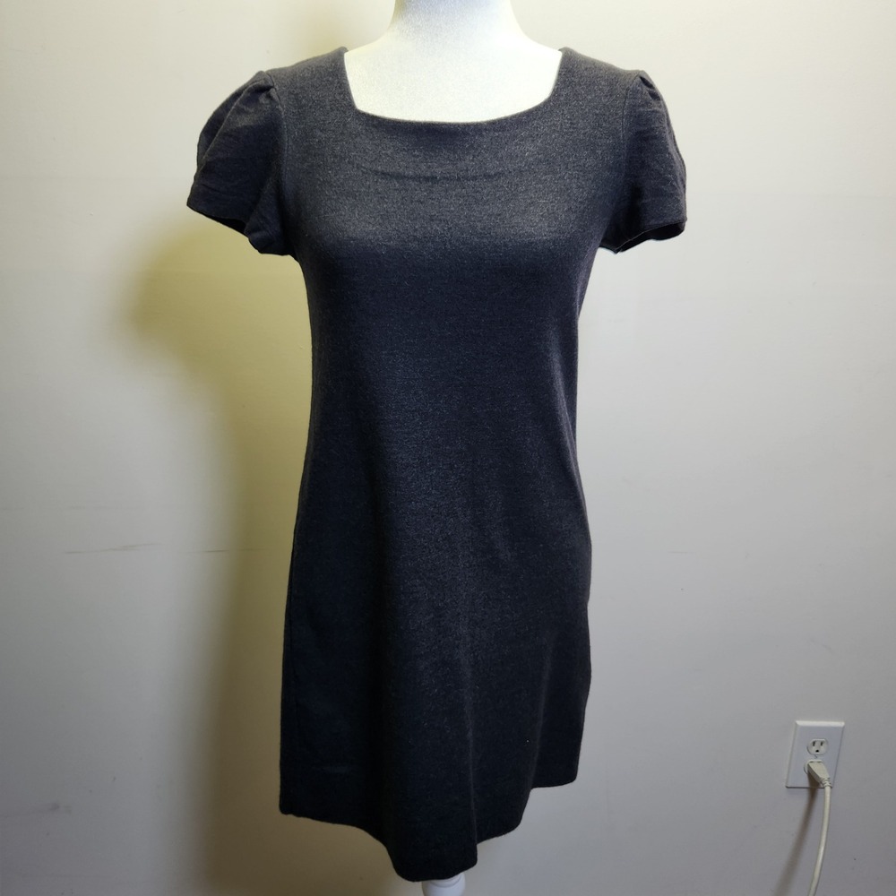 Banana Republic 100% Wool Shift Dress Small Charcoal Gray Short Puff Sleeves